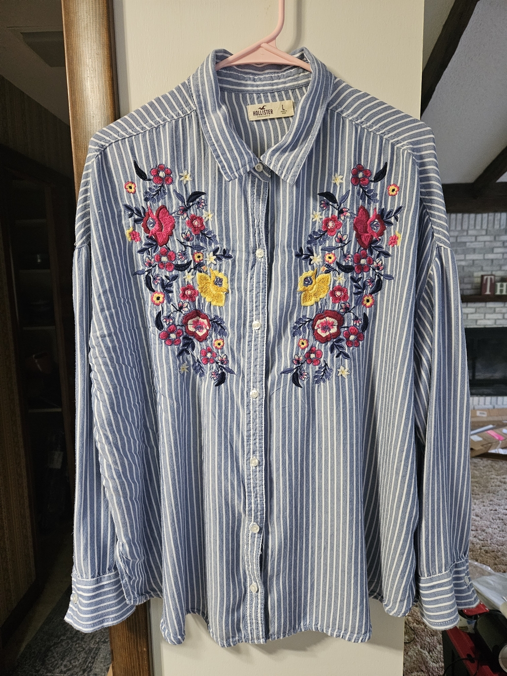 Hollister Blue and White Striped Shirt with Multicolor Floral Embroidery